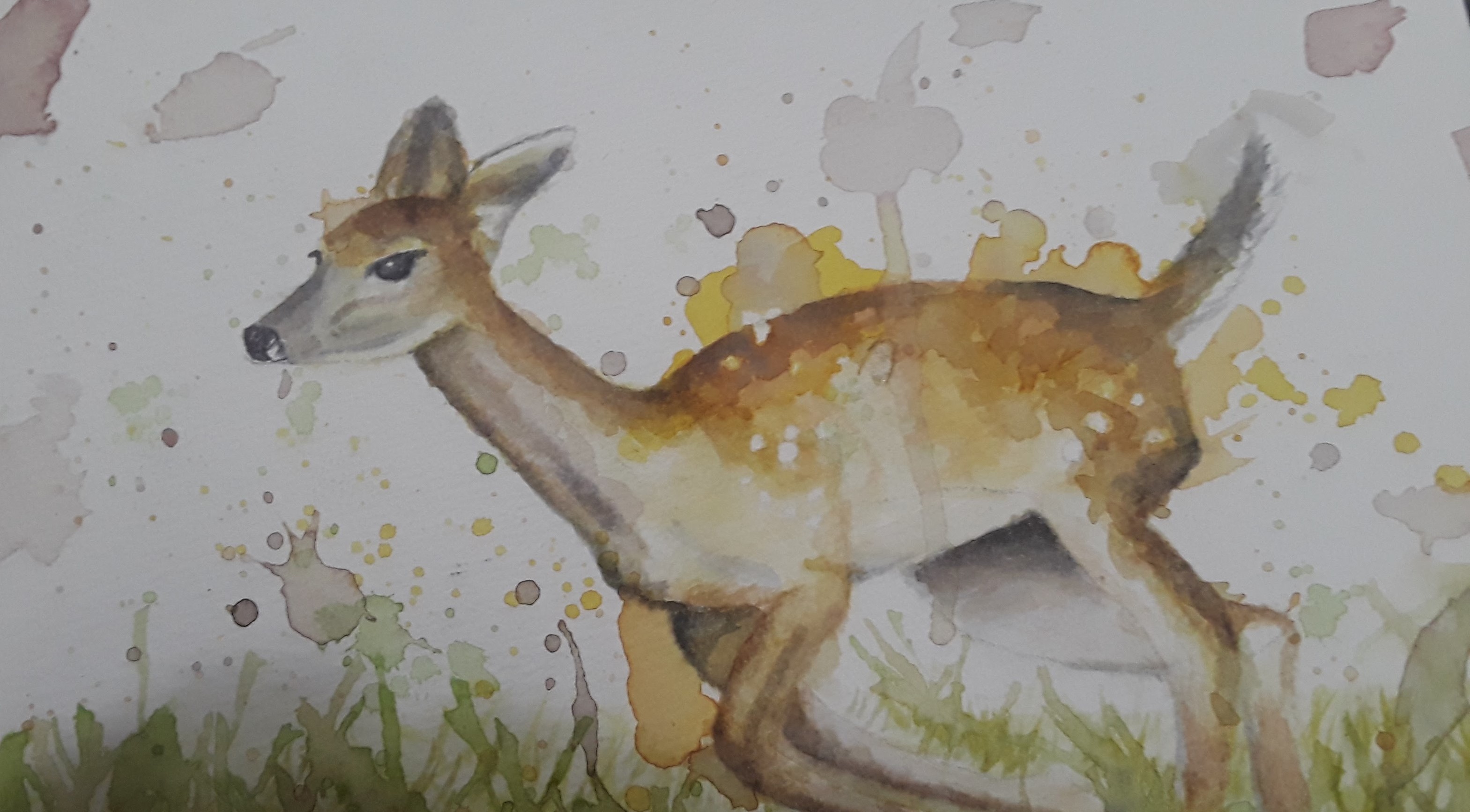 A watercolor painting of a deer running in the grass